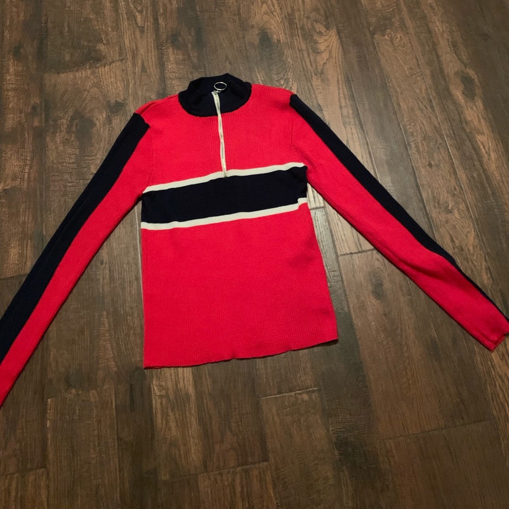 Red and Blue Zip Up Mock-neck Sweatshirt